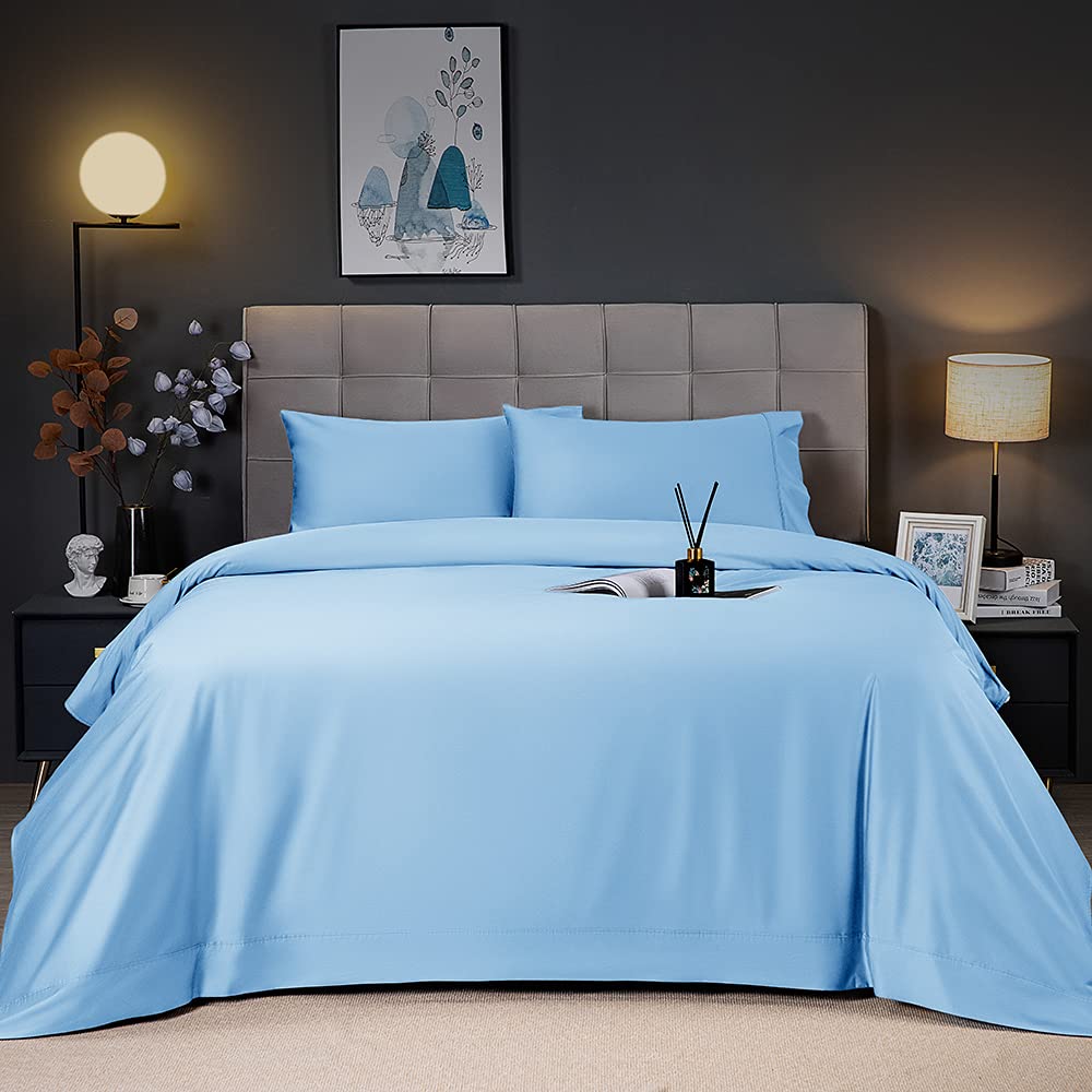 Shilucheng Cooling Breathable Bamboo_ Bed Sheets Set - 1800 Thread Count Super Silky Soft With 16 Inch Deep Pocket, 4 Piece (California King,Lake Blue)